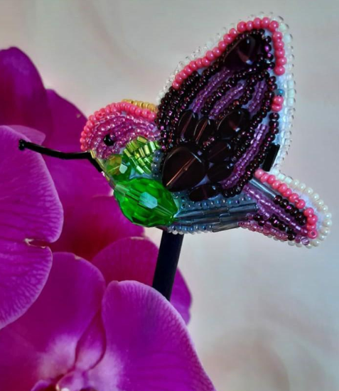 BP-217C Beadwork kit featuring colorful Preciosa and Crystal Art beads, instruction chart, and crafting materials for creating a brooch.